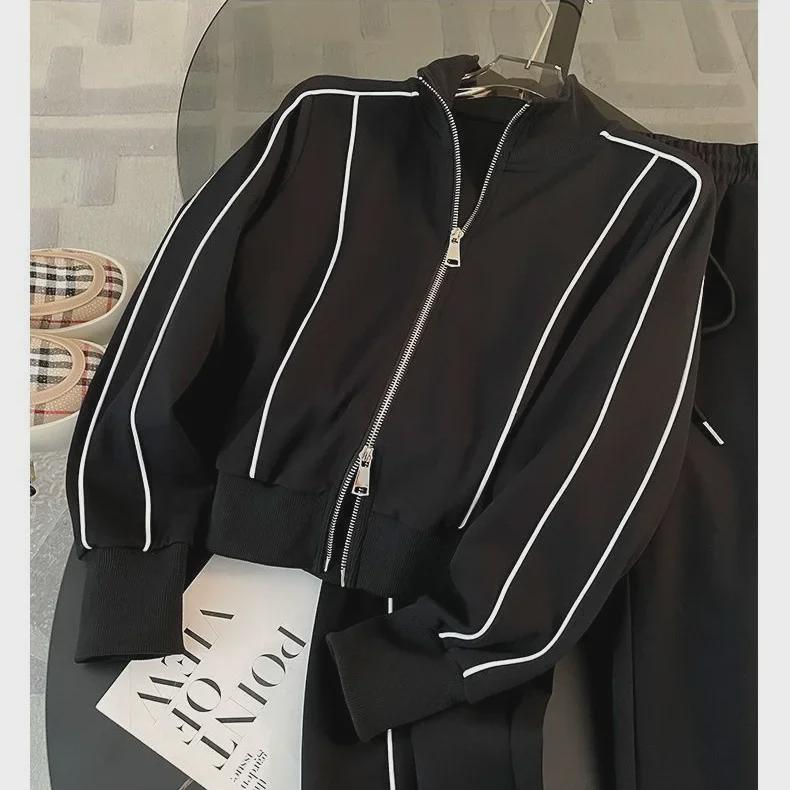 Herbst Damen Trendy Streetwear: Zweiteiliges Set aus Sweatshirt mit Reißverschluss und Hose mit weitem Bein, altersbeständig und vielseitig.