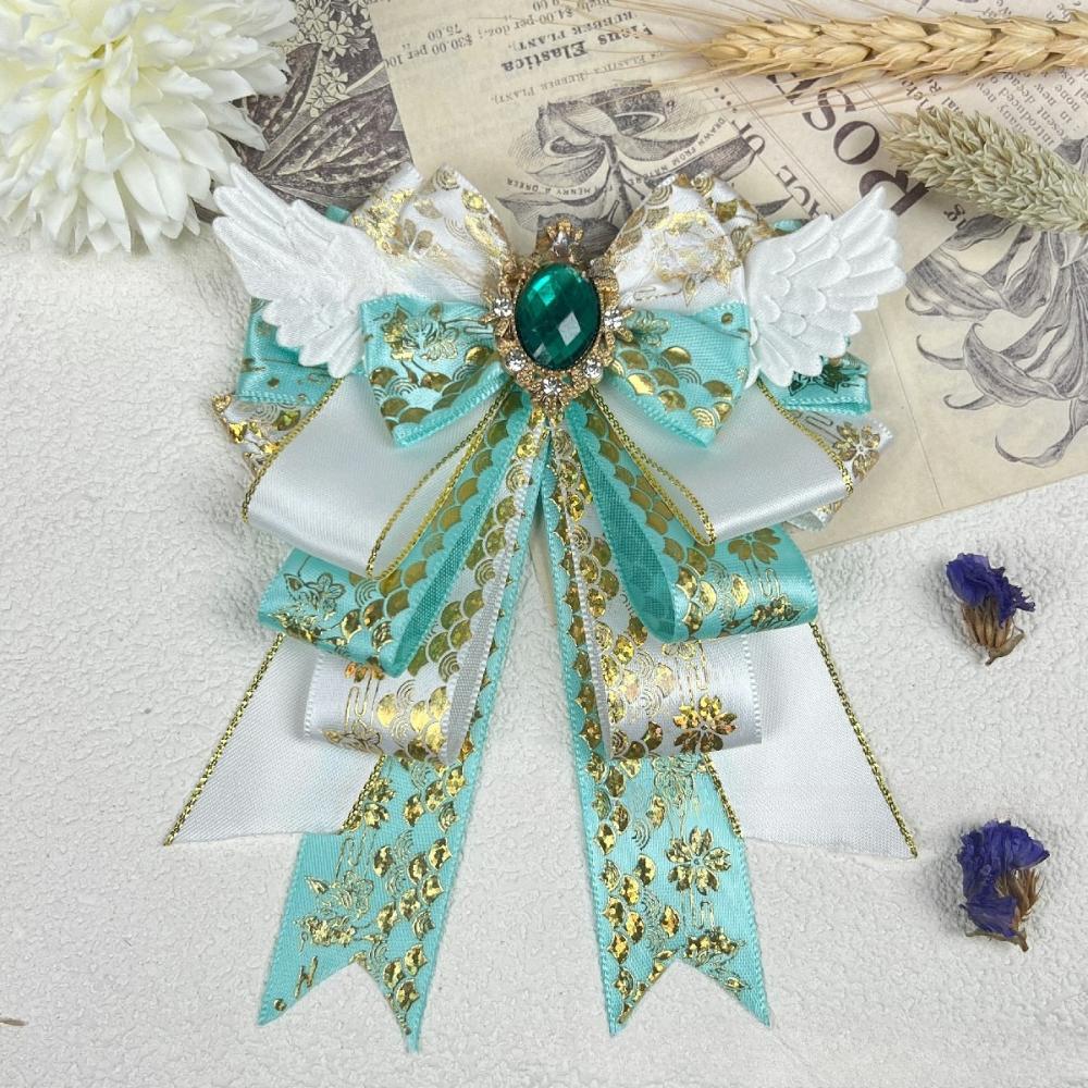 New Cosplay Lolita Fabric Bow Brooches for Women Handmade Jewelry Angel Wings Crystal Shirt Collar Pin Vintage Accessories