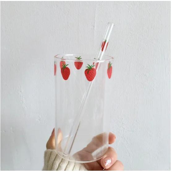 300ml Strawberry Cute Glass Cup With Straw Creative Transparent Water Cup Student Milk Heat Resistant Glass Nana 201-300ml