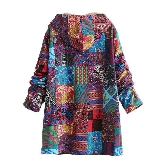 Manteau Vintage Style Ethnique Doublé Sherpa pour Femmes Manches Longues Imprimé Floral Veste Polaire Automne Hiver Fermeture Éclair Capuche Vêtement d'Extérieur