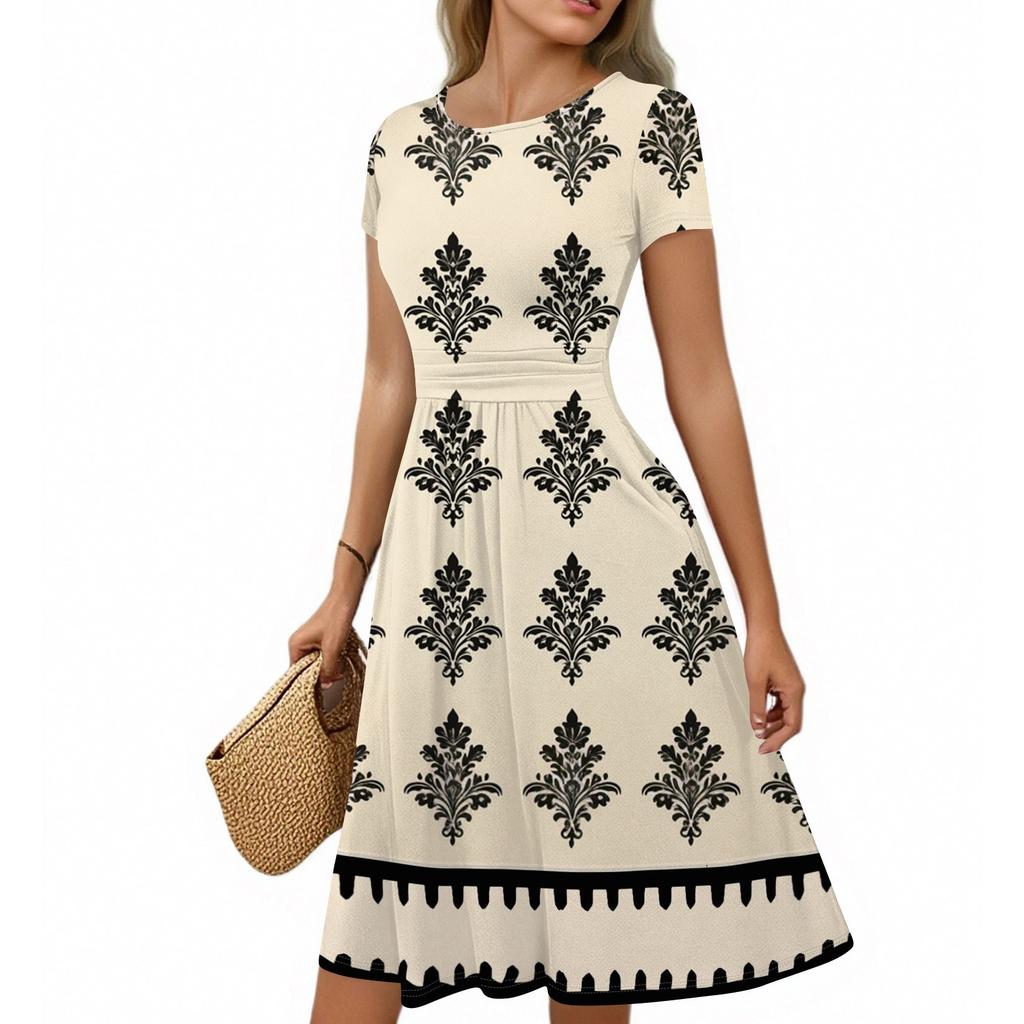 Women's Casual Fashion Round Neck Pleated Short Sleeve Bohemian A-Line Midi Dress