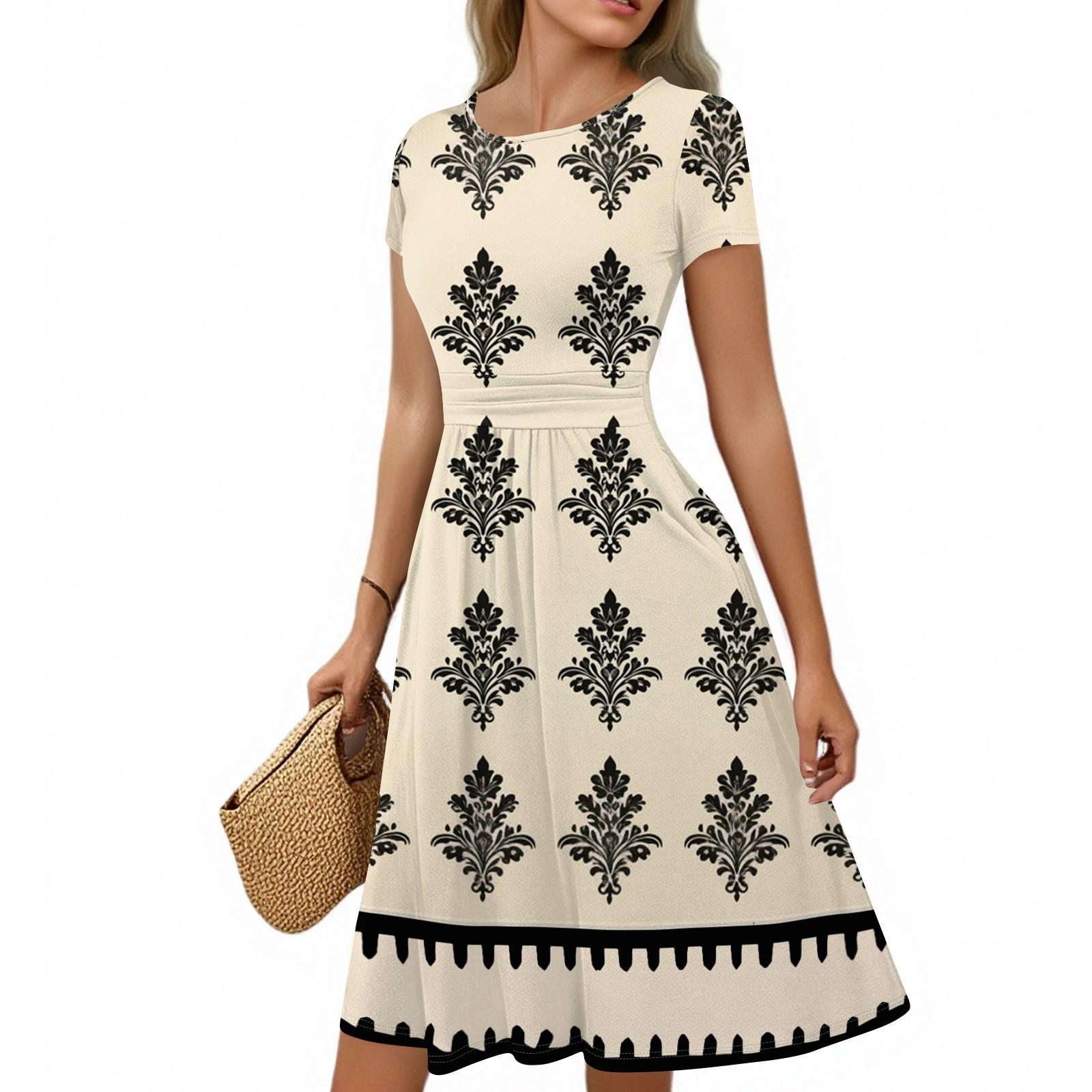 

Женское повседневное модное платье миди А-силуэта с круглым вырезом, плиссированными короткими рукавами и богемным стилем L хаки