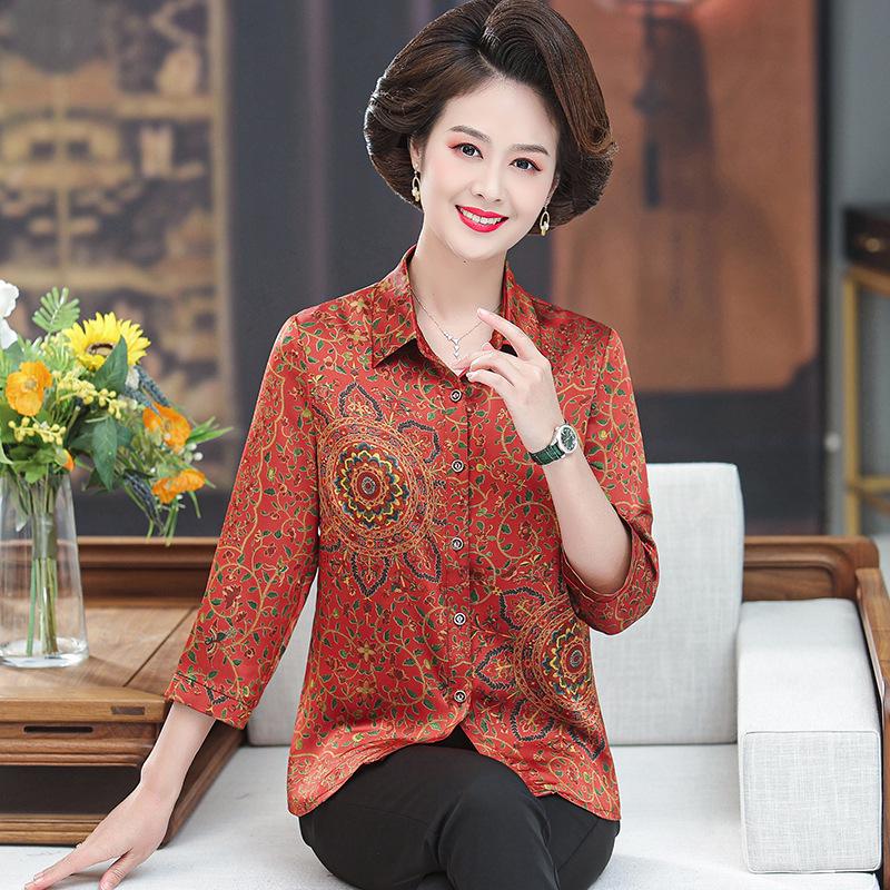 

Mulberry Silk Women s Polo Collar Shirt for Middle-Aged and Elderly - Summer Loose Fit, Breathable, Wide-Leg Top 4XL (135-150 lbs) красный