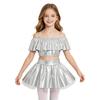 Girls Dancewear Off Shoulder Sleeveless Metallic Ruffle Crop Top and Shiny Tutu Skirt for Stage Competition Party Wear