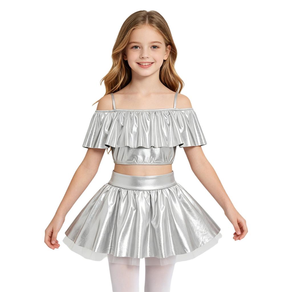 Girls Dancewear Off Shoulder Sleeveless Metallic Ruffle Crop Top and Shiny Tutu Skirt for Stage Competition Party Wear