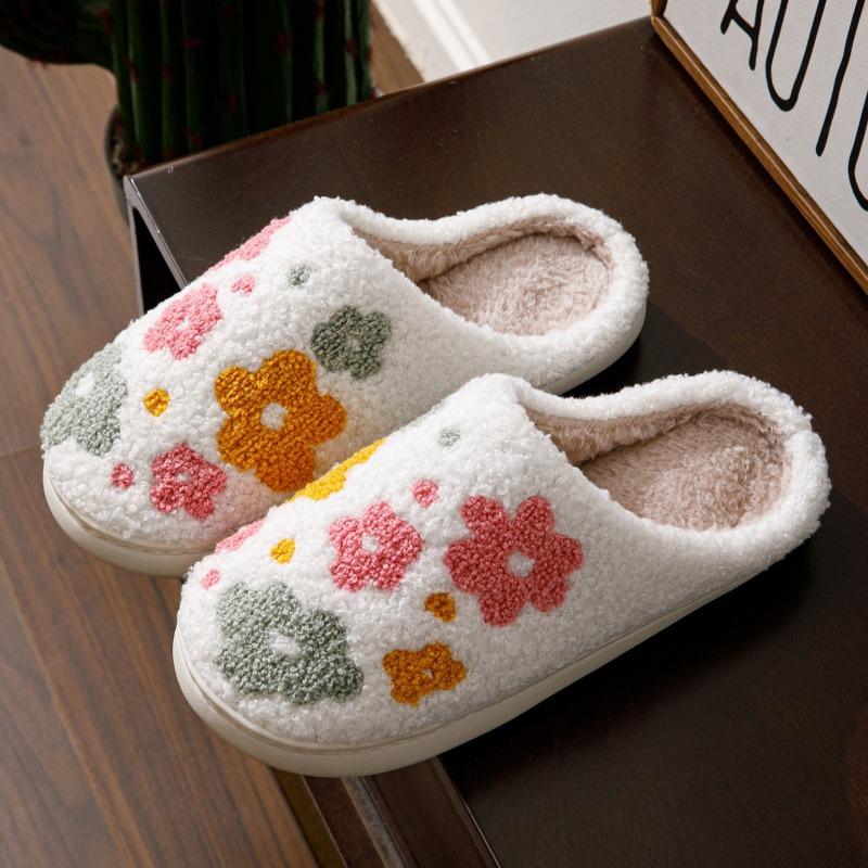 Cartoon Flower Winter Slippers, Warm Indoor House Slides