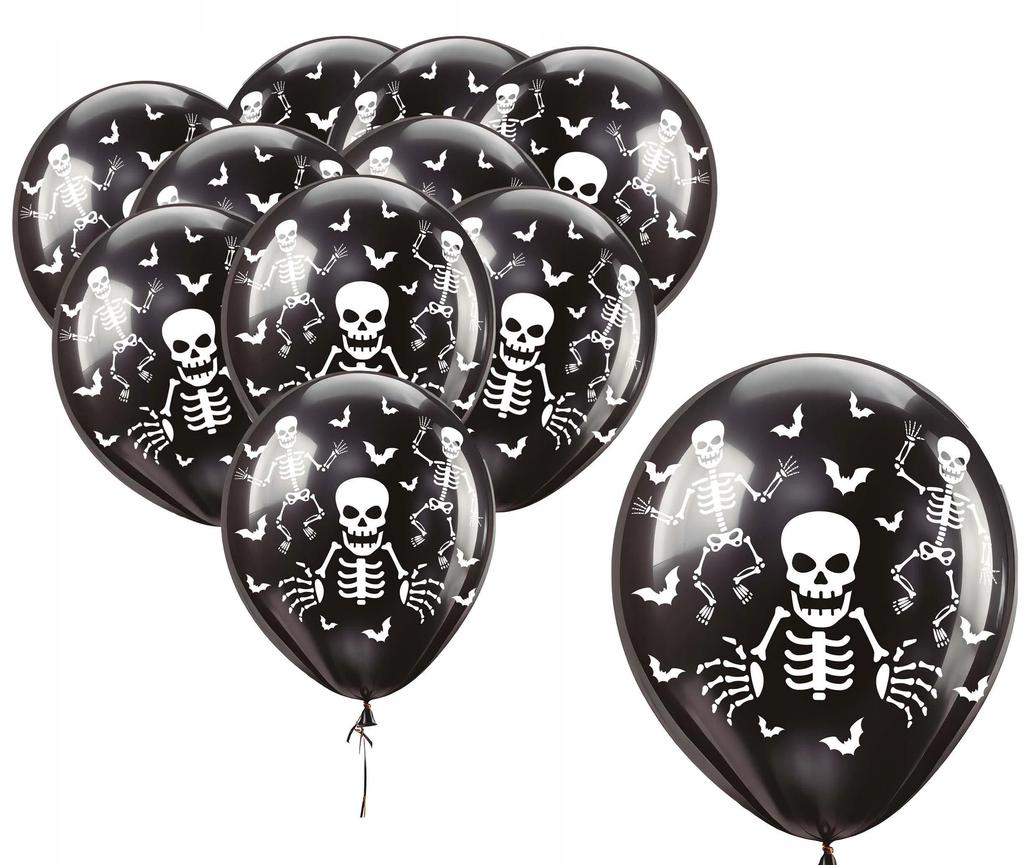 Balony Lateksowe Czarne Kościotrup Szkielet Dekoracja Halloween 10Szt.