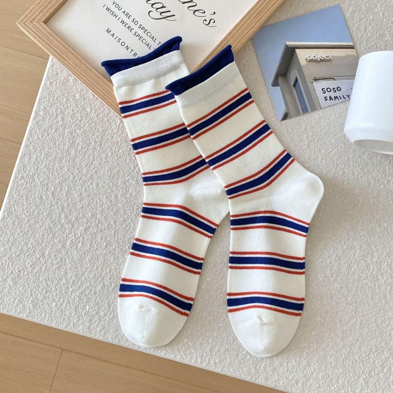 Women's Autumn and Winter Dopamine Striped Mid-calf Socks with Rolled-up and Loose Cuffs, Versatile Pile Socks