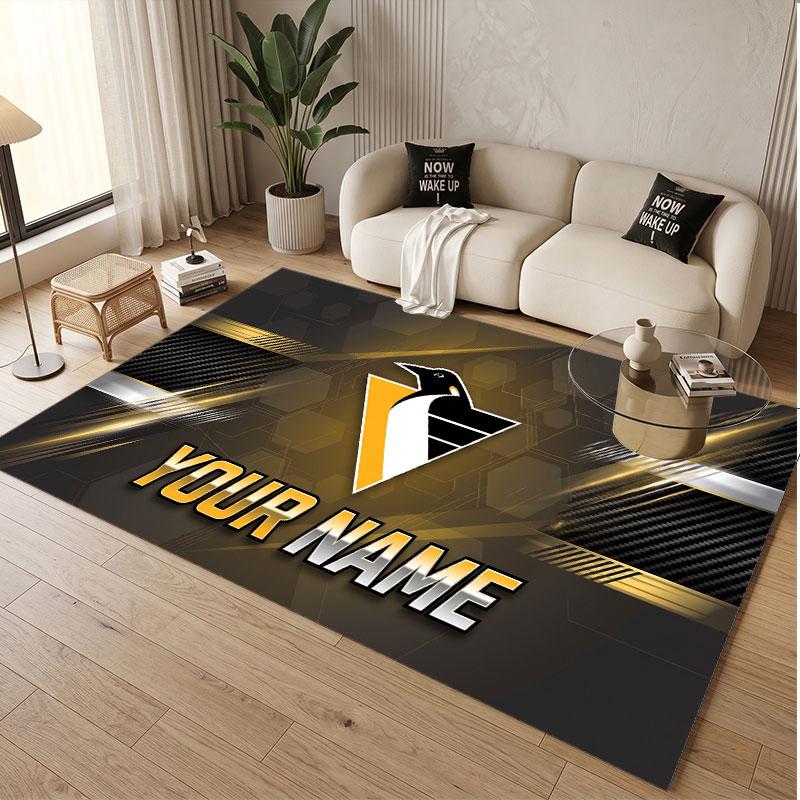 Custom Rug Pittsburgh Penguins Pattern Print Name Text Soft Non‑Slip Floor Carpet for Home Indoor Decoration