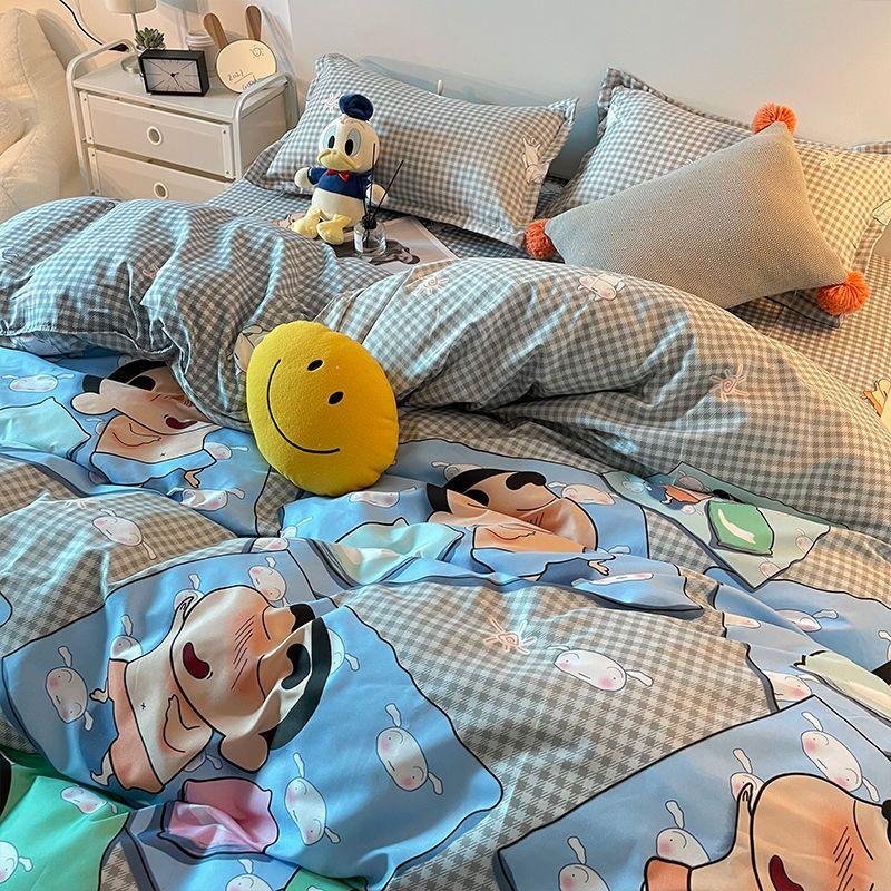 Three-piece Set Korean Girl Heart Cute Rabbit Berry Four-piece Set Simple Checkerboard Bed Sheet Blue Quilt Cover