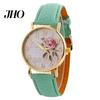 Women Arabic Number Rose Flower Round Dial Faux Leather Band Quartz Wrist Watch