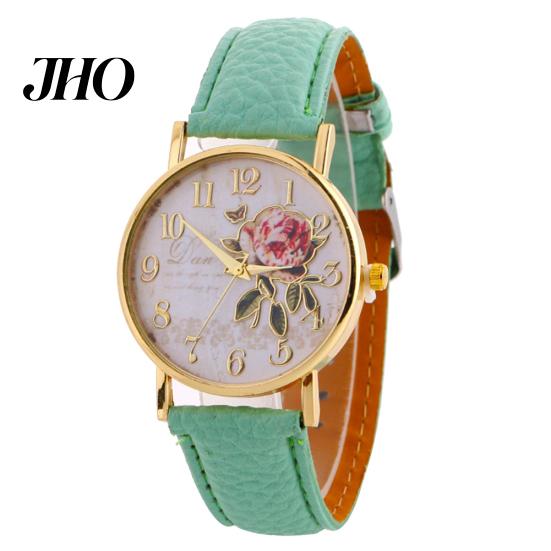 Women Arabic Number Rose Flower Round Dial Faux Leather Band Quartz Wrist Watch