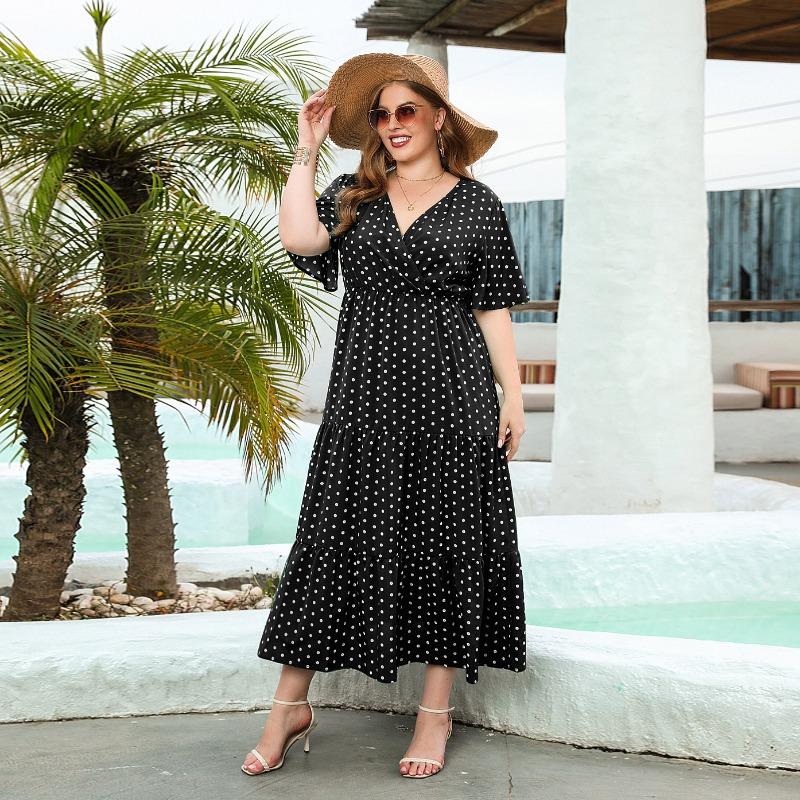 Summer Women Plus Size Polka Dot Dress Casual V-Neck Vacation Dress Elegant Loose Midi Dresses