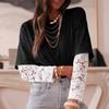 Plus Size Women's Black Casual Two-Piece Look Long Sleeve Top with White Lace Trim