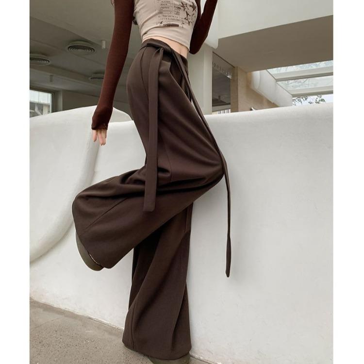 High Waist Wool Trousers Women Loose Casual Wide Leg Winter Tie Waist Design Long Pants