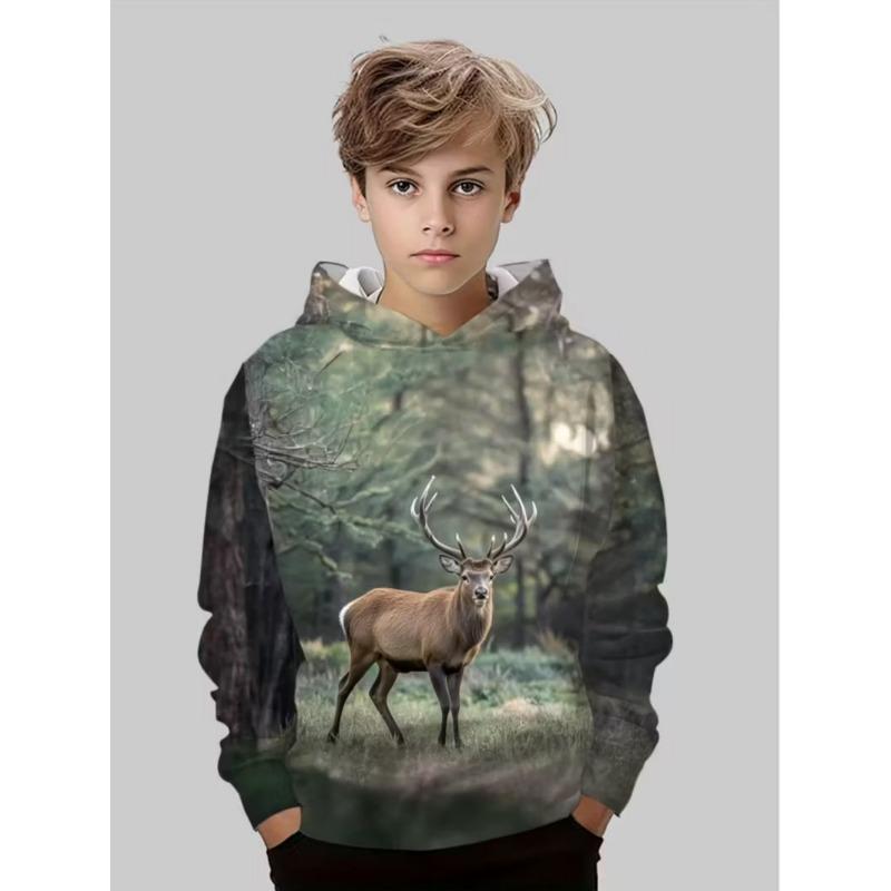 Hirschjagd Hoodies für Jungen Tiere Outdoor Camouflage 3D Vollprint Frühling Herbst Kinderkleidung Locker Lässig Sweatshirt Oberteile