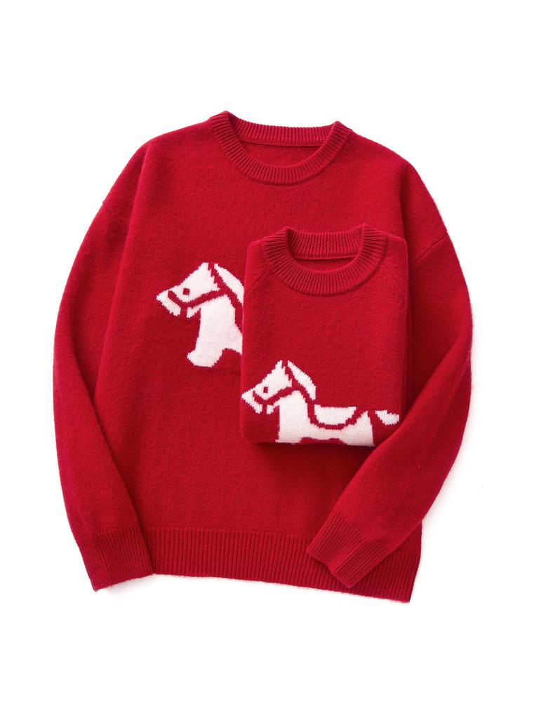 100% Wool New Year Sweater with Little Horse Pattern, Thickened Red Knit Pullover