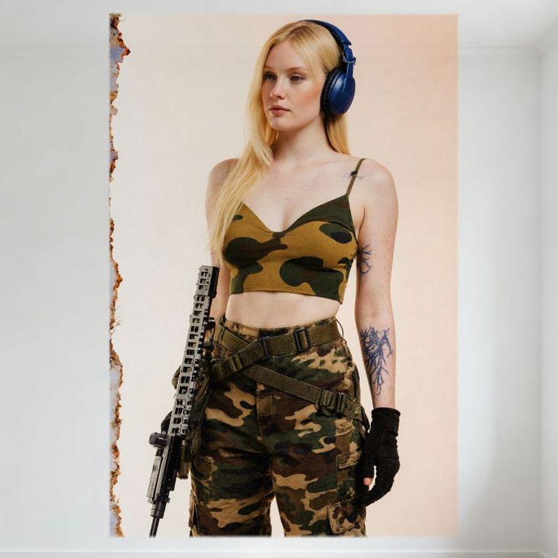 

Sexy Blonde Woman with Camo Outfit Holding Gun Tin Sign Vintage Metal Poster for Bar Pub Home Cafe Wall Decor 8x12 Inch 20x30cm（7.8x11.8inch）