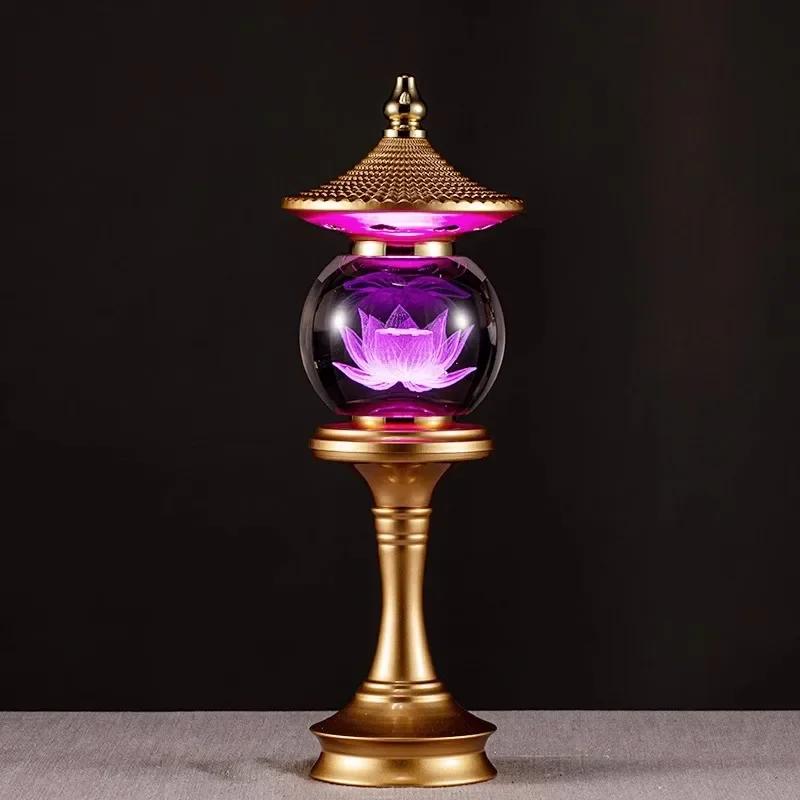 Home Decoration, Alloy Crystal Ball LED Seven Color Lotus Lamp, Buddha Offering Lamp, Meditation, Buddha Tools and Supplies