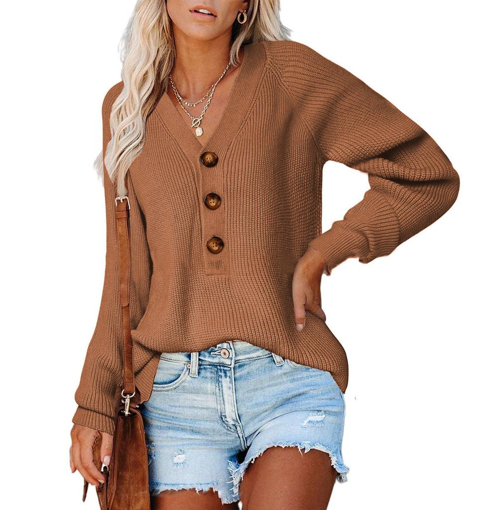 Popular Top Women's Button Design V-neck Pullover Sweater Women's Autumn and Winter Loose Outer Wear Lazy European and American Style