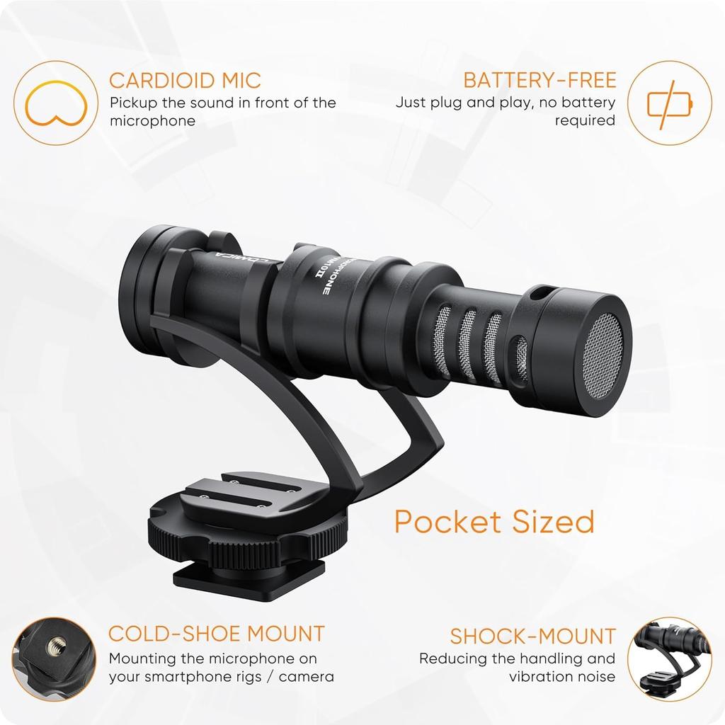 comica Mini Gun Microphone External Unidirectional Condenser Video Microphone for DSLR Vlog Compatible CVM-VM10II Microphone, Smartphone/Camera