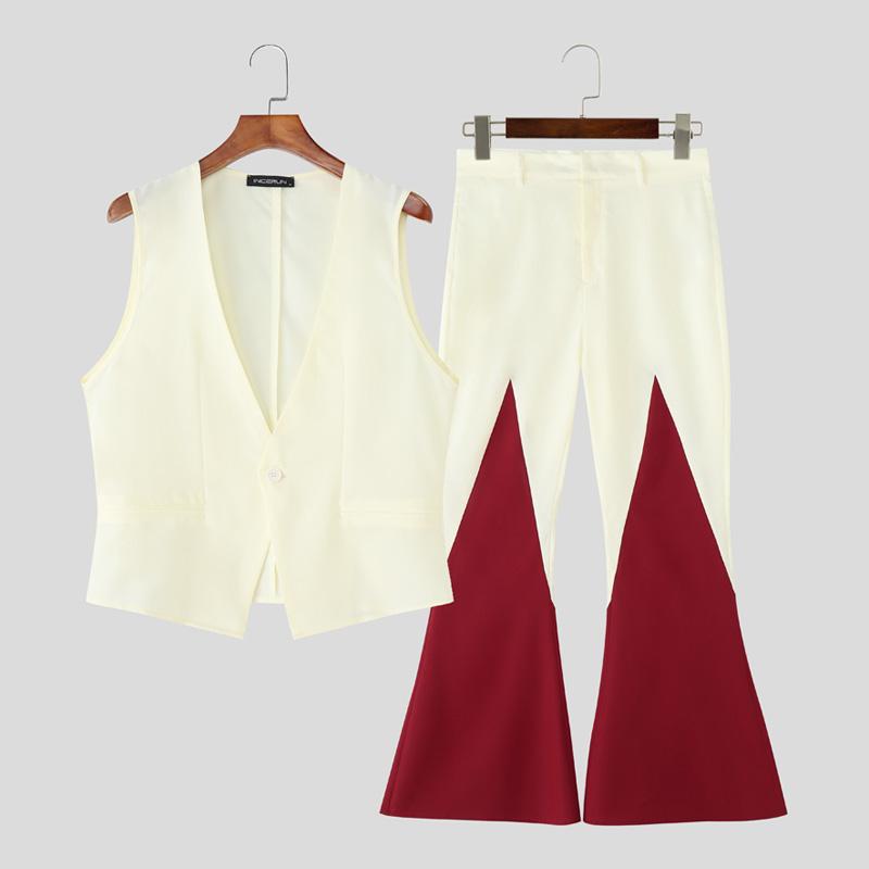 INCERUN Two Pieces Men Sleeveless Waistcoats Long Stitching Flare Pants Sets