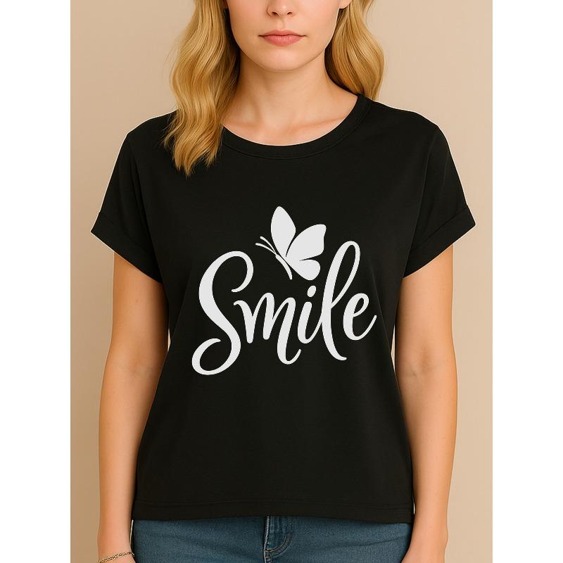 Short-Sleeved Crew Neck T-Shirt for Women Featuring Black And White Lettering, Along with Smiling And Butterfly Designs, Ideal for Family Outfits