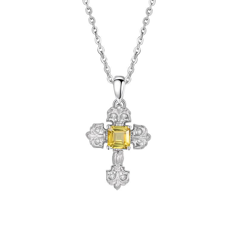 Natural Topaz S925 Sterling Silver Necklace Hip-hop Style Cross Sweet Cool Collarbone Chain Versatile Jewelry