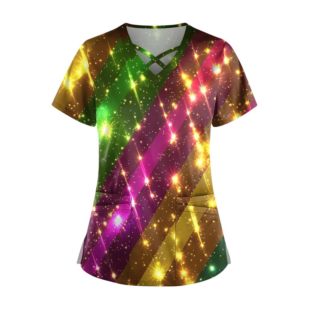 Dam Kortärmad Stagger V-ringad Tryck Ficka Torr-Topp