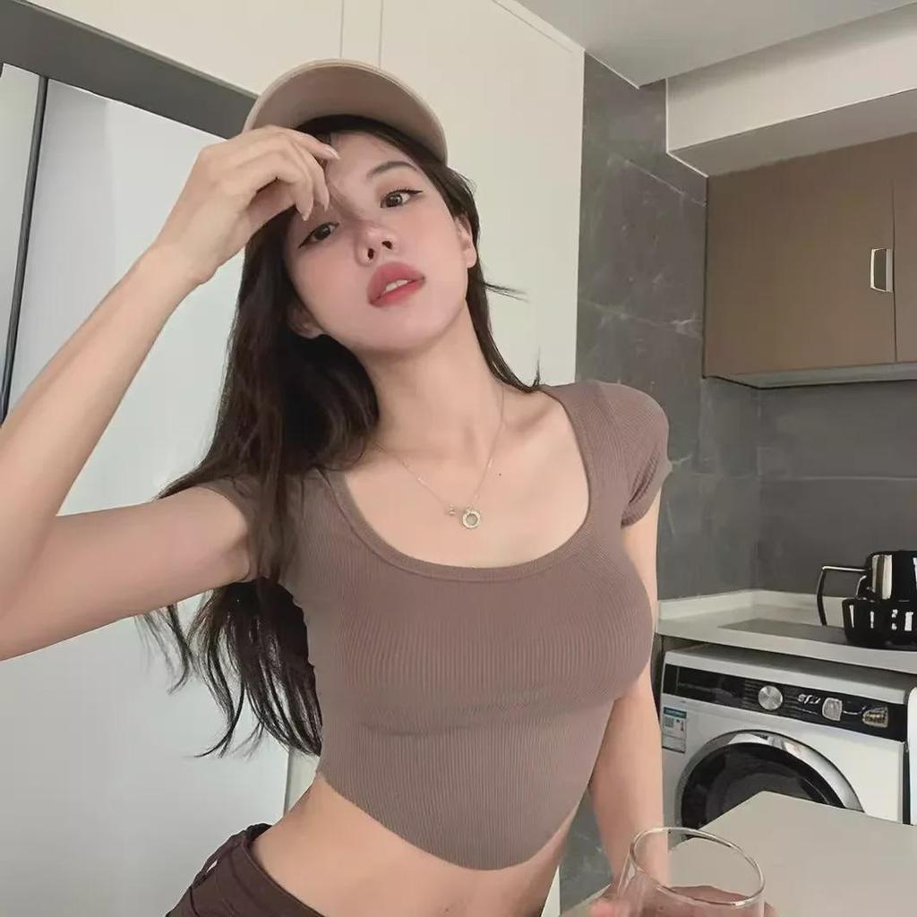 Damen Sommer 2024 Unregelmäßiges Slim-Fit T-Shirt mit hoher Taille und kurzen Ärmeln