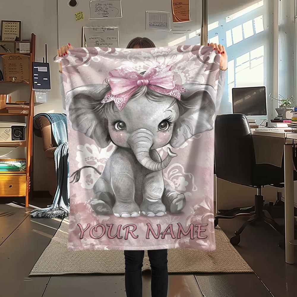 1PC Custom Name Moonlit Elephant Dreams Patterned Flannel Blanket Suitable For All Seasons for Home Decor Warmth and Comfort Gifts Holiday Present_lx