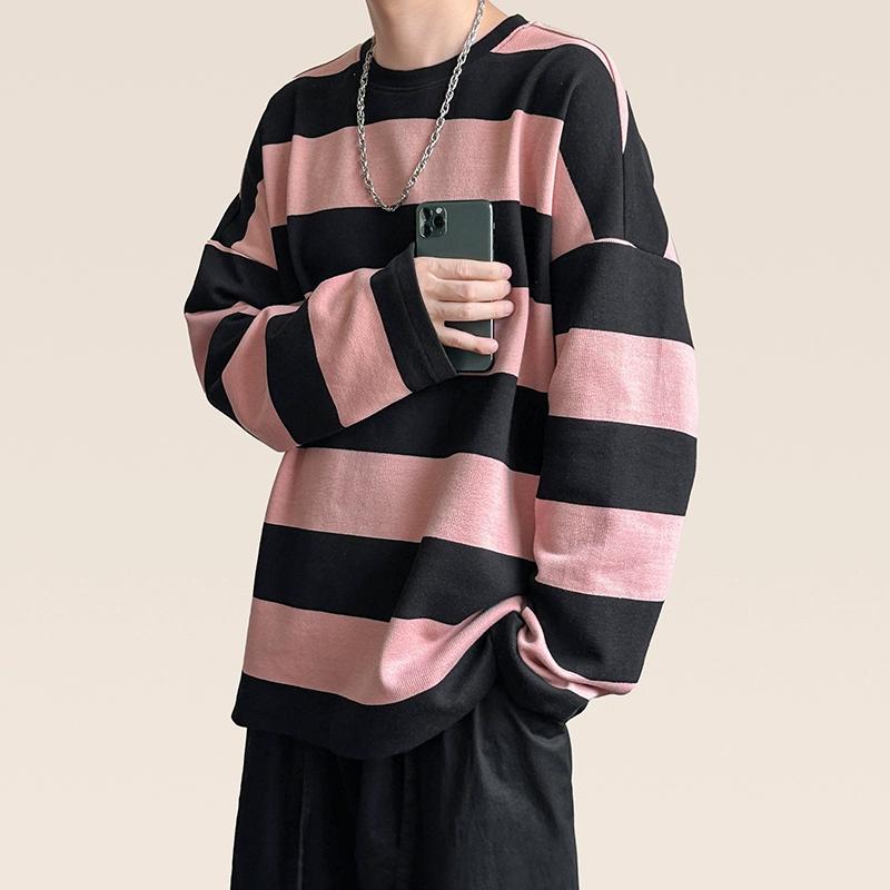 Fashion Punk Men Harajuku Black Pink Striped Hoodies Male Loose Oversized Long Sleeve Boys Tees Retro Hoodies Punk Clothes Boys Pullover