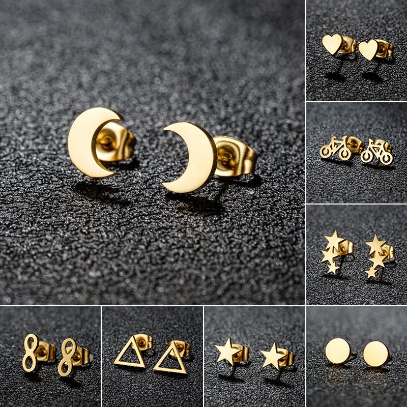 Kleine Edelstahl-Ohrringe Geometrisch Damen Herren Minimalistisch Rund Herz Mond Stern Ohrstecker Dreieck Pendientes Geschenk