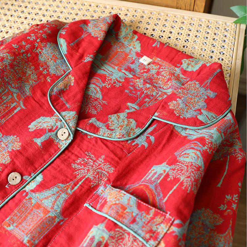 2026 New Spring and Autumn Women's Pajama Set 100% Cotton Gauze Retro Color Knitted Home Clothes Long Sleeve Set Sleepwear