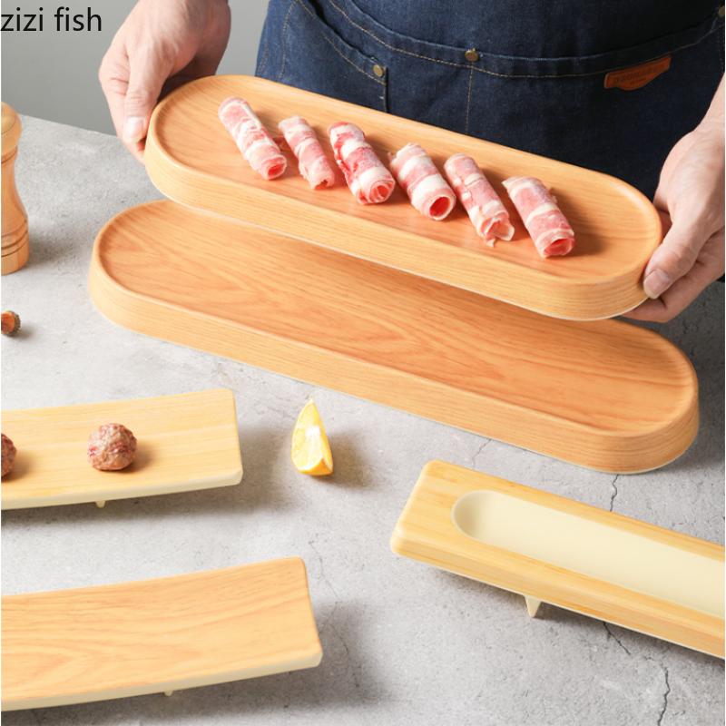 Vaisselle en mélamine Assiette à sushi longue Assiette à dîner imitation grain de bois Assiettes de service pour fondue Plateau à collation Assiettes Dim Sum Plat