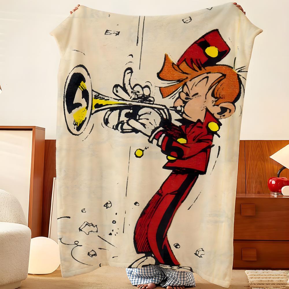 Cartoon S-Spirou en F-Fantasio Gooi Flanellen Plaid, Lichtgewicht Gezellig, Duurzaam Wasbaar schattig Cool
