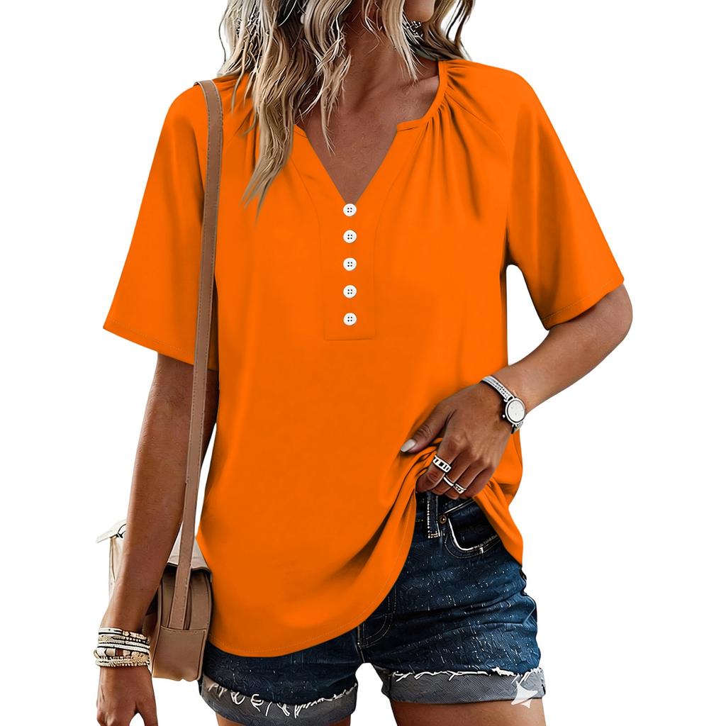 Women's Fashionable Casual Button V-neck Short-sleeved Top
