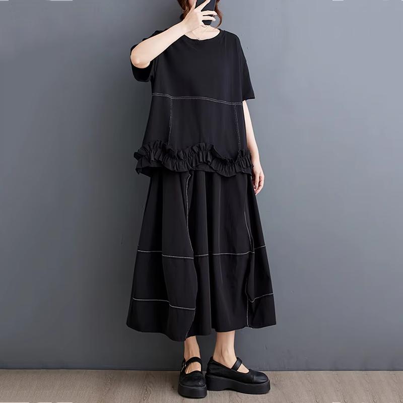 XITAO Patchwork Ruffles O-neck Matching Female Set  GYX1575