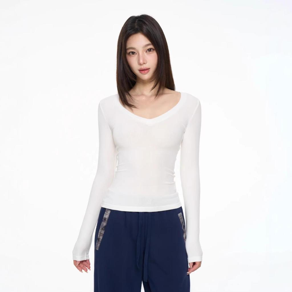 Women's V-Neck Lyocell Long-Sleeve Slim-Fit Top - Spring/Autumn Versatile Layered Design