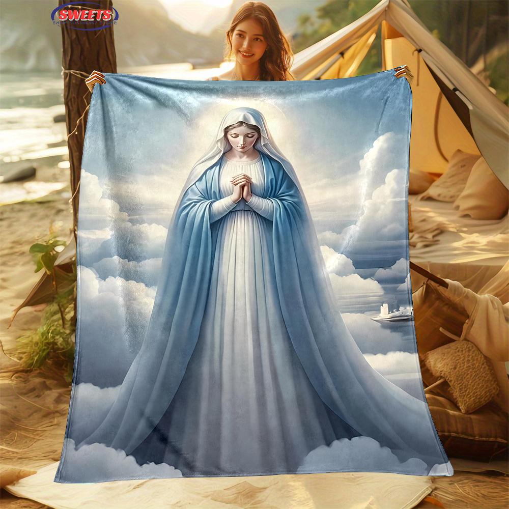 6 Size Merciful Virgin Mary Flannel Art Blanket, Home Sofa Office Nap Blanket for Four Seasons, Machine Washable Flannel Blanket