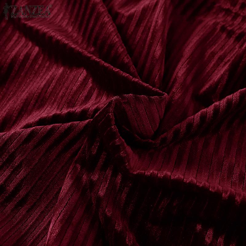 ZANZEA Damen Vintage Stehkragen Langarm Taille Samtkleider