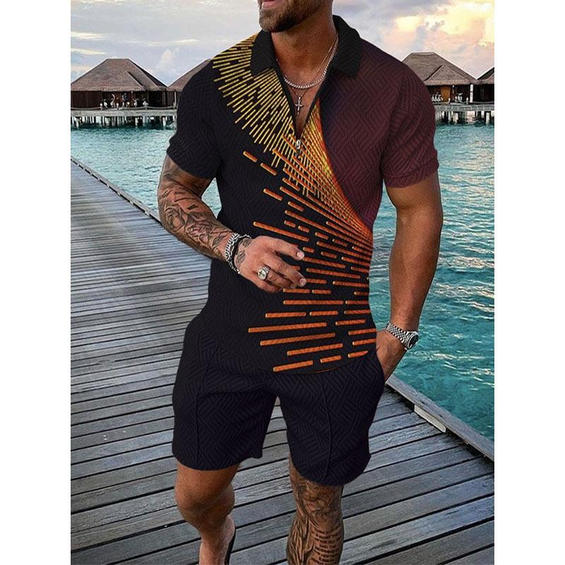 2025 summer men's 3D digital printing short-sleeved polo fashion sports and leisure suit foreign trade men's solid color