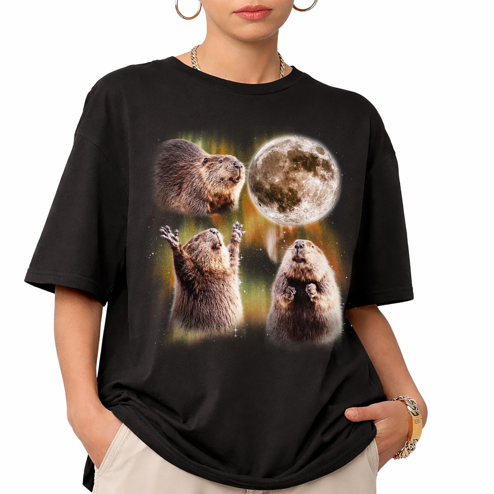 Vintage 90s Beaver Moon Comfort Colors T-Shirt, Wildlife River Animal Tee S
