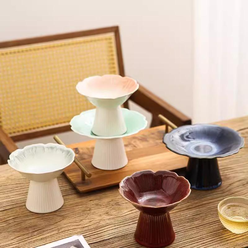 6 Inches Chinese Vintage Ceramic Goblet Creative Flower Shape Fruit Dessert Salad Nut Candy Storage Plate Home Kitchen Tableware