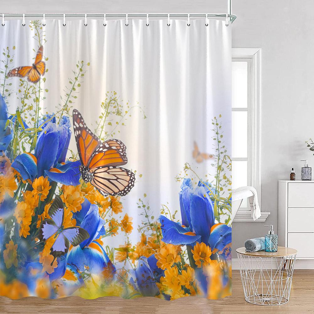 Butterfly Shower Curtains Multicolored Flowers Pastoral Floral Bathroom Decorations Rustic Polyester Bath Curtains with Hooks