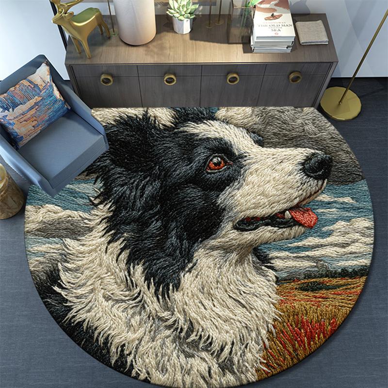 Border Collie Runder Teppich, Teppich für Wohnzimmer Schlafzimmer Sofa Spielzimmer Dekoration, Rutschfeste Bodenmatte