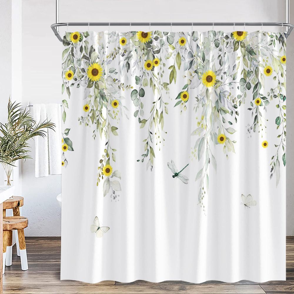Floral Print Shower Curtains Watercolor Wildflowers Green Leaves Birds Butterfly Bathroom Decorations Polyester Bath Curtains