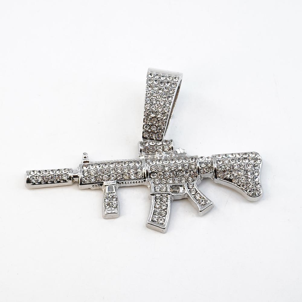 Exaggerated Punk Full Diamond Long Gun Pendant Personalized Street Dance Wear Cuban Chain Nightclub Alloy Gun Necklace
