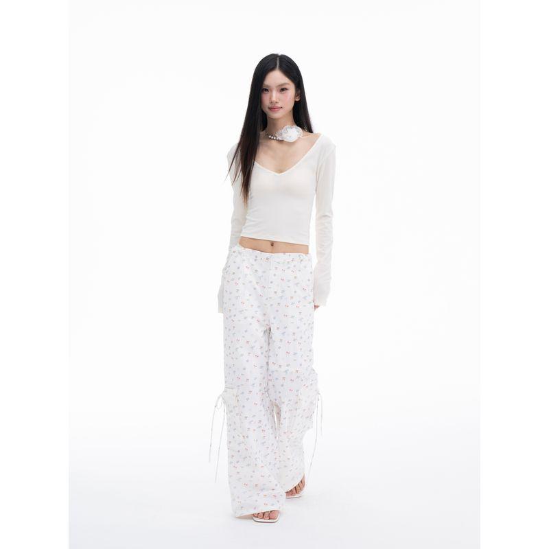 

Thelight Original Print Bow Overalls Women White Floral Casual Pants Loose Straight Elastic Pants White L