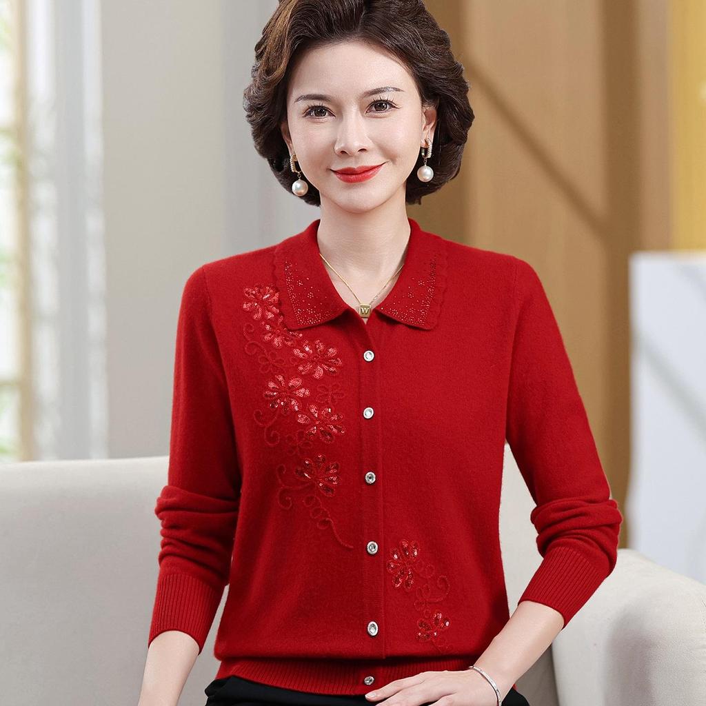 Luxury 100% Pure Wool Embroidered Cardigan for Mothers and Grandmothers - Mid-aged & Elderly Women's Lapel Sweater